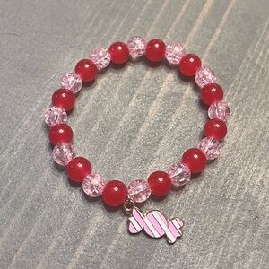 Hand Crafted Red and Pink Beaded Bracelet with Candy Charm